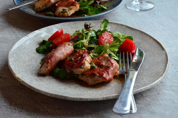 Saltimbocca. Veal schnitzel with sage and Parma ham. Italian specialty. close up view, yummy