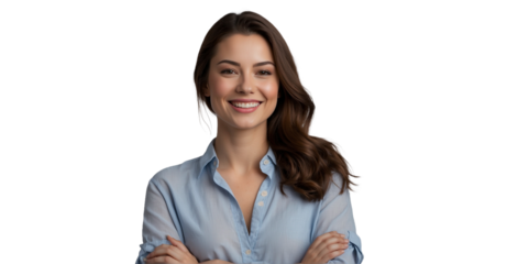 Charming image of a young woman, confidently smiling with arms folded, isolated on a transparentwhite background-