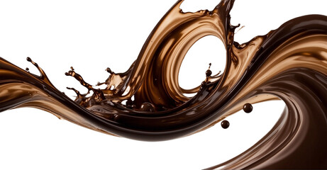 Decadent dark brown chocolate, coffee, or cocoa liquid swirl splash with miniature bubbles,...