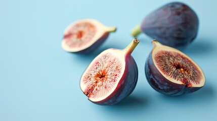 Fresh figs on a blue background. The figs are ripe and juicy, with a deep purple color. They are...