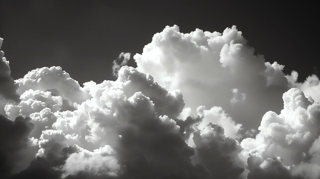 A grayscale image of cloudscape. The clouds are fluffy and have a lot of detail. The image is very calming and peaceful.