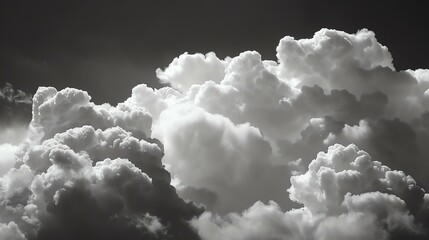 A grayscale image of cloudscape. The clouds are fluffy and look like cotton. The sky is dark and stormy.