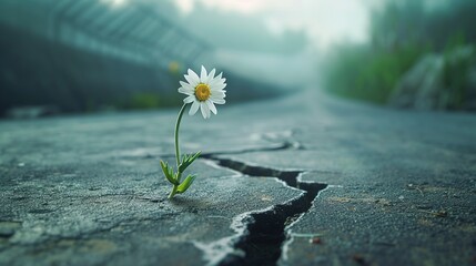 prevailing against all odds concept with Daisy flower growing from crack in the asphalt - obrazy, fototapety, plakaty
