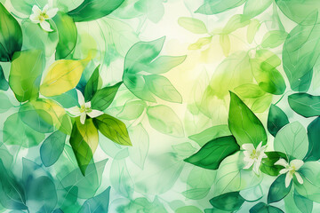 Abstract spring background with watercolor green leaves and flowers