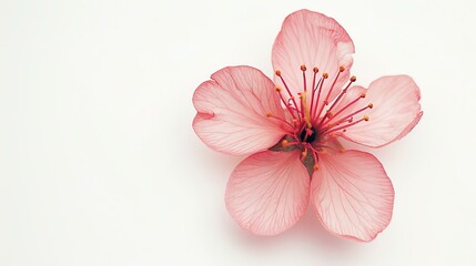 A beautiful and delicate pink flower with intricate details. The flower is set against a soft white background, which makes it stand out.