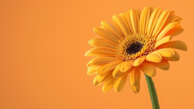 A beautiful orange gerbera flower in full bloom against a solid orange background. The petals are velvety and the edges are slightly curled.