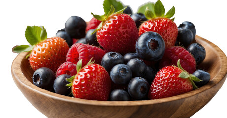 Obraz premium Delectable arrangement of mixed berries in a wooden bowl against a white background—featuring strawberries, raspberries, and blueberries, rich in vitamins and minerals