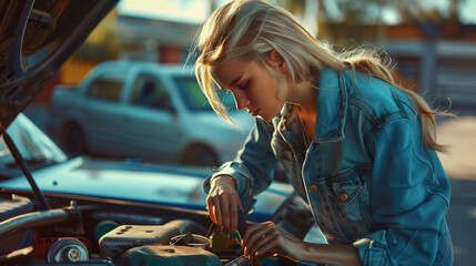 Young woman inspects car engine seriously. Fixing her own car. - obrazy, fototapety, plakaty