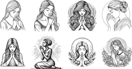 praying womens hand draw vector set