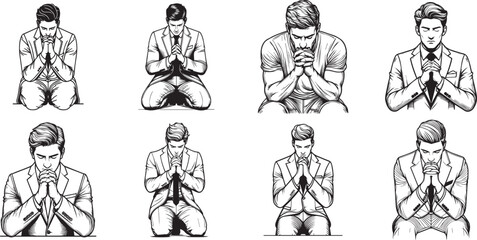 praying men hand drawing set