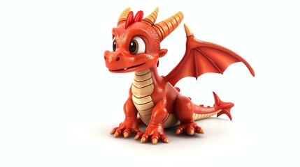 Cute and friendly red baby dragon sitting on a white background. The dragon has big eyes, a small nose, and a long tail.