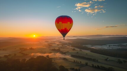Hot air balloon floating over a beautiful landscape with a sunrise in the background.