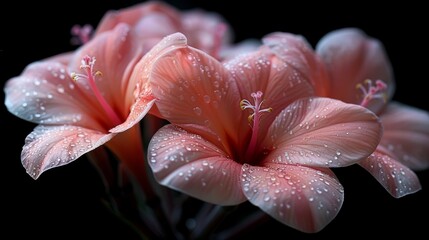 a group of pink flowers with water drops on them on a black background with a black background and a few pink flowers with water droplets on them.