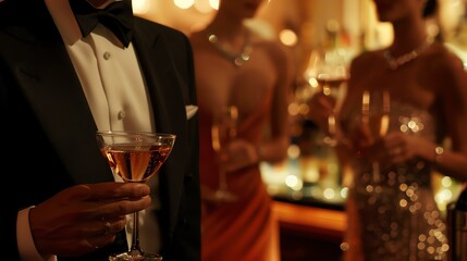 Well-dressed people at a party. The focus is on a man holding a glass of champagne.