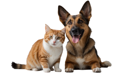  Happy dog and cat in a charming portrait, united in their gaze towards the camera on a white backdrop—displaying the incredible friendliness between these pets