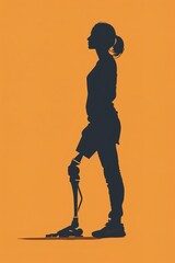 Female silhouette of person with a prosthesis on her leg. Illustration with orange background. Inclusion and disability concept