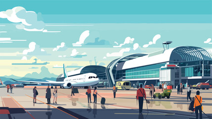 Flat vector scene A bustling airport with airplane