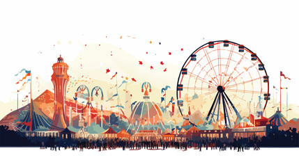 Flat vector scene A bustling amusement park with ro