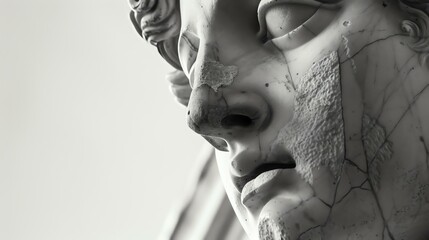 This image is a black and white close up of a marble statue's face. The statue has a serene...
