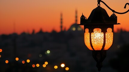 A glowing lantern hangs in the foreground of a blurred cityscape at sunset. The warm light of the lantern contrasts with the cool colors of the sky.