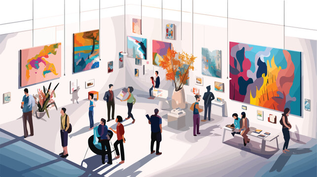 Flat vector scene A bustling art gallery with diver
