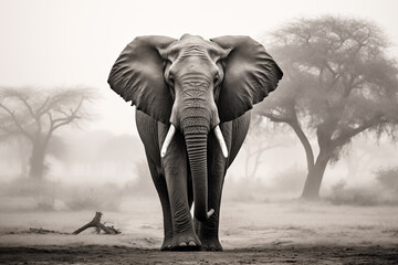 Elephant in savannah, monochrome animal art