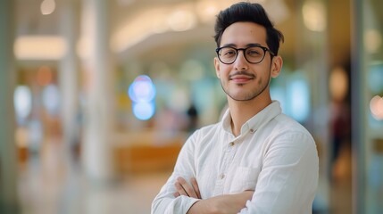 A young professional man wearing glasses and a white shirt smiles confidently at the camera. - obrazy, fototapety, plakaty
