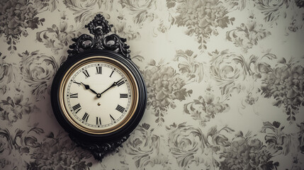 old vintage wall clock on wall with retro wallpaper, monochrome