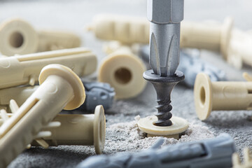screwdriver screw and dowel in a concrete wall background