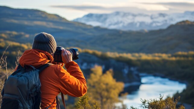 A photographer stands on a mountaintop and takes a picture of the beautiful landscape. The sun is setting, and the sky is a warm, golden color.