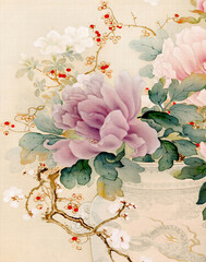 Oriental floral design. Digital flower illustration done in soft pastel shades, featuring a textured textile background.