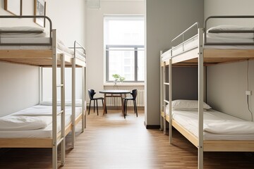 Transport the viewer to a hostel dormitory with clean spacious bunk beds neatly made and personal belongings tucked awayStudio shot luxurious design elegant simplicity - obrazy, fototapety, plakaty