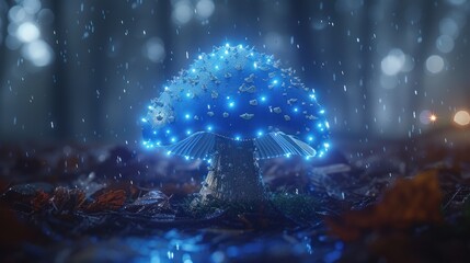 a blue lit up tree in the middle of a forest in the rain with lots of leaves on the ground.