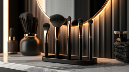Five makeup brushes with black handles and gold accents sit in a black holder on a marble table.
