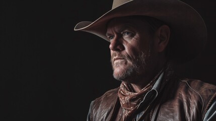 A rugged cowboy with a weathered face and a determined expression stares off into the distance. - obrazy, fototapety, plakaty
