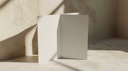 Blank white paper mockup standing on the concrete floor with sunlight and shadow on the background.
