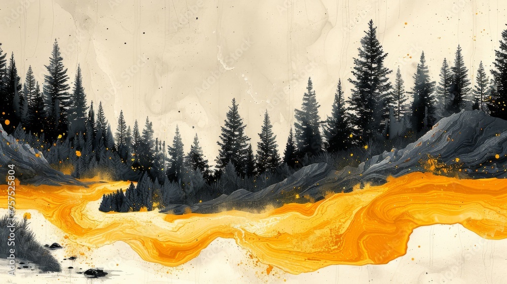 Aufkleber a painting of a mountain scene with a yellow stream of water running through the center of the pictu