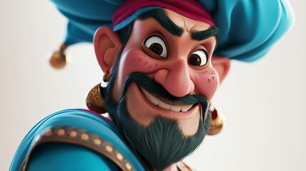 Cheerful and funny cartoon genie with beard and blue hat smiling at the camera. 3D rendering. - obrazy, fototapety, plakaty