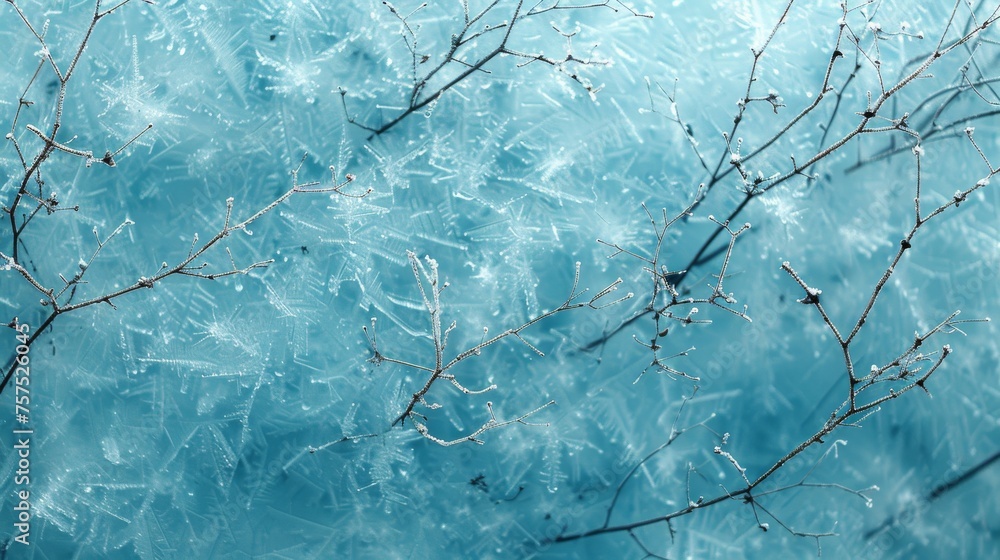 Poster the branches of a tree in front of a blue background with ice crystals on the branches of a tree in 