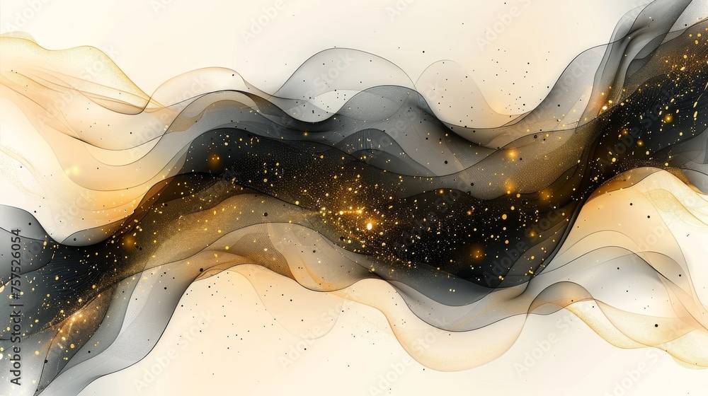 Poster a black and white abstract background with gold and white swirls and stars in the middle of the imag