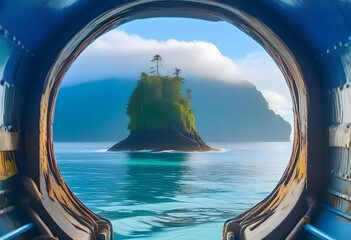 Oceanic water and small forested island is seen through a round portal of a ship