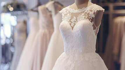 A beautiful wedding dress with intricate lace detailing. It has a fitted bodice with a sweetheart neckline and a full skirt. - obrazy, fototapety, plakaty