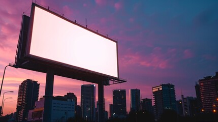 A large blank billboard at dusk in the middle of a large city with a beautiful sky. - obrazy, fototapety, plakaty