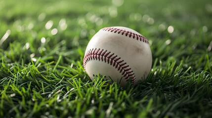 A close-up image of a baseball resting on a lush green field. The ball is made of leather with red stitching and has a slightly worn appearance. - obrazy, fototapety, plakaty