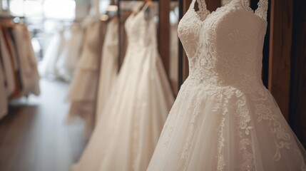 A beautiful wedding dress hangs in a bridal shop, waiting for its special day. The dress is made of delicate lace and has a long, flowing train. - obrazy, fototapety, plakaty