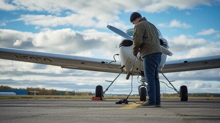 A man in casual clothes is working on the engine of a small airplane. He is wearing a black beanie and jeans. The sky is cloudy.