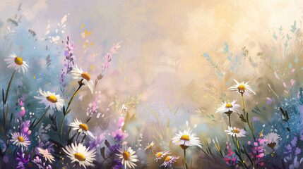 Painted daisies and wildflowers on sunny day light bokeh background 