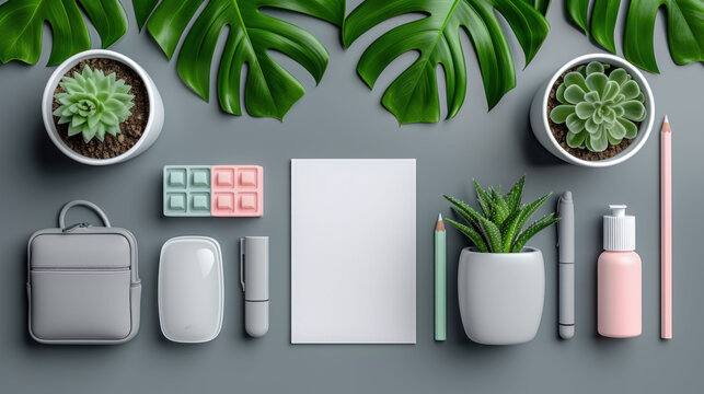 a variety of office supplies including a notebook, pens, pencils, and a potted plant on a gray background.