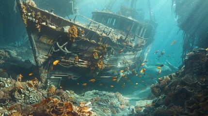 Underwater shipwreck with fish - obrazy, fototapety, plakaty