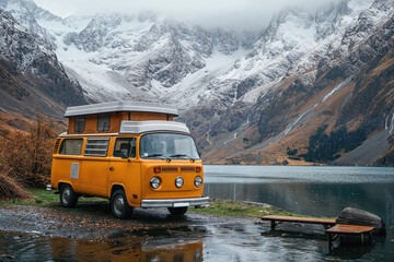 Vintage camper van by a mountain lake in autumn. Generative AI image